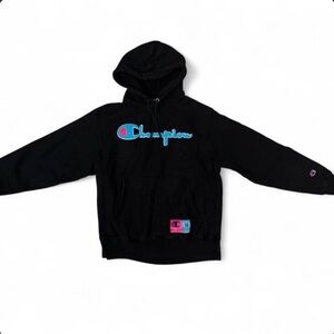 Champion Black Hoodie with Blue and Pink Logo Embroidery